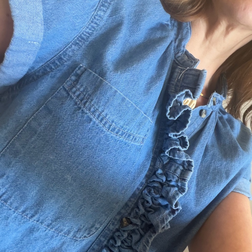 KMJ "CORI" Denim vertical Ruffle Button-Down Shirt - Light Blue - Picture 6 of 15